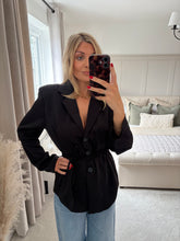 Load image into Gallery viewer, DAISY BLACK SATIN BELTED BLAZER