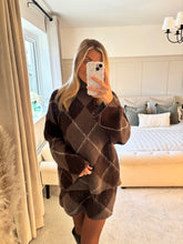 Load image into Gallery viewer, TAUPE AND BROWN ARGYLE JUMPER AND SKIRT SET COORD