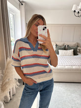 Load image into Gallery viewer, ELLIE BLUE STRIPE KNIT TOP WITH COLLAR