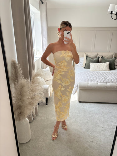 DARCY BUTTER YELLOW FLORAL APPLIQUÉ LINED BANDEAU DRESS
