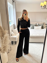 Load image into Gallery viewer, CINDY BLACK SEQUIN ELASTICATED WAIST WIDE LEG TROUSERS