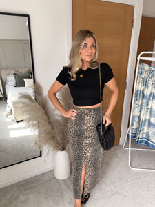 ARIA LEOPARD DENIM MIDI SKIRT
