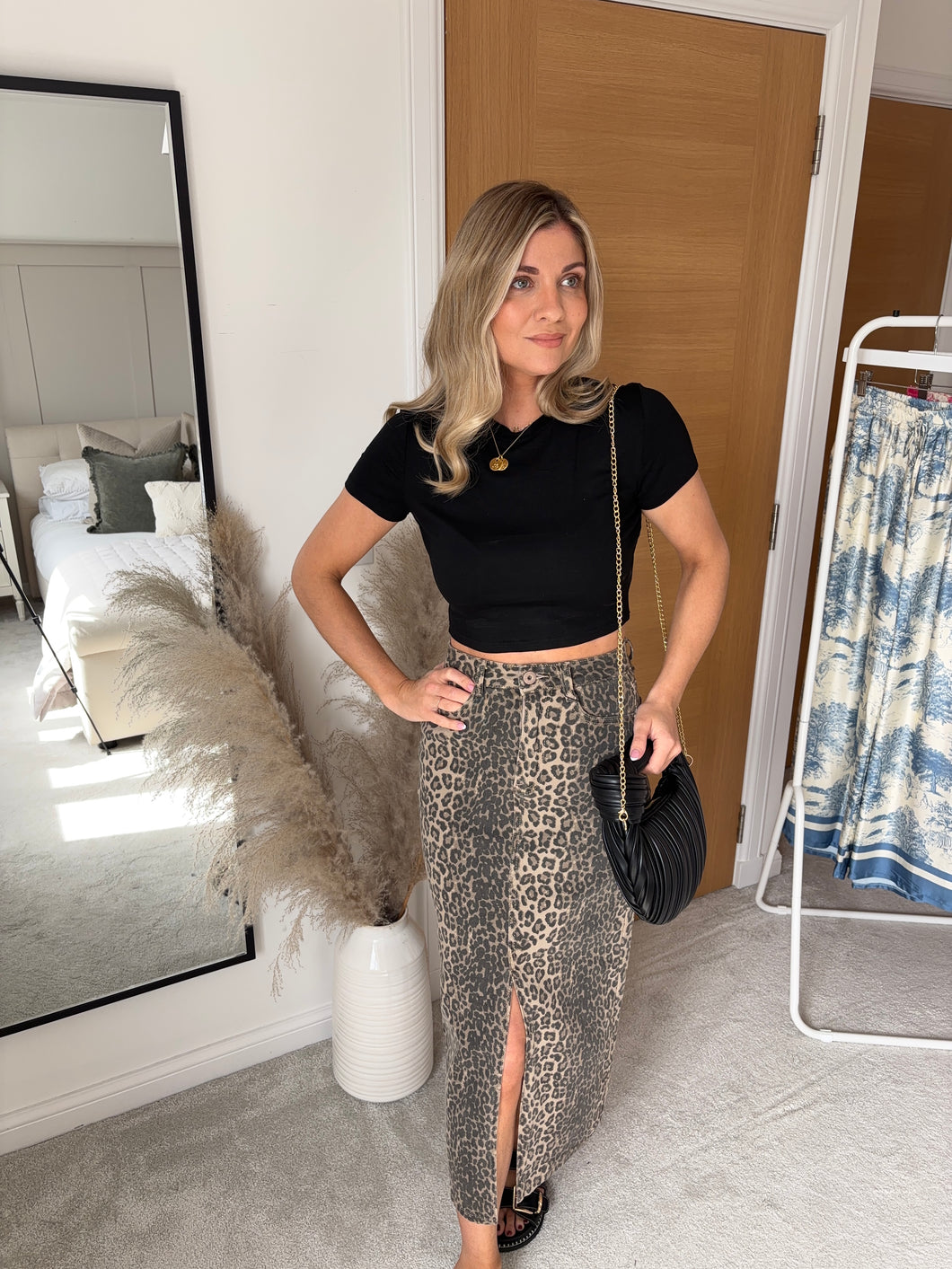 ARIA LEOPARD DENIM MIDI SKIRT