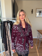 Load image into Gallery viewer, ANGEL BURGUNDY PAISLEY PRINT BELTED CARDIGAN