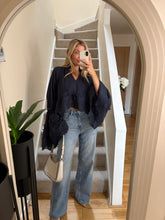 Load image into Gallery viewer, ELLE NAVY BOHO STYLE CROPPED LACE FLARE SLEEVE BLOUSE
