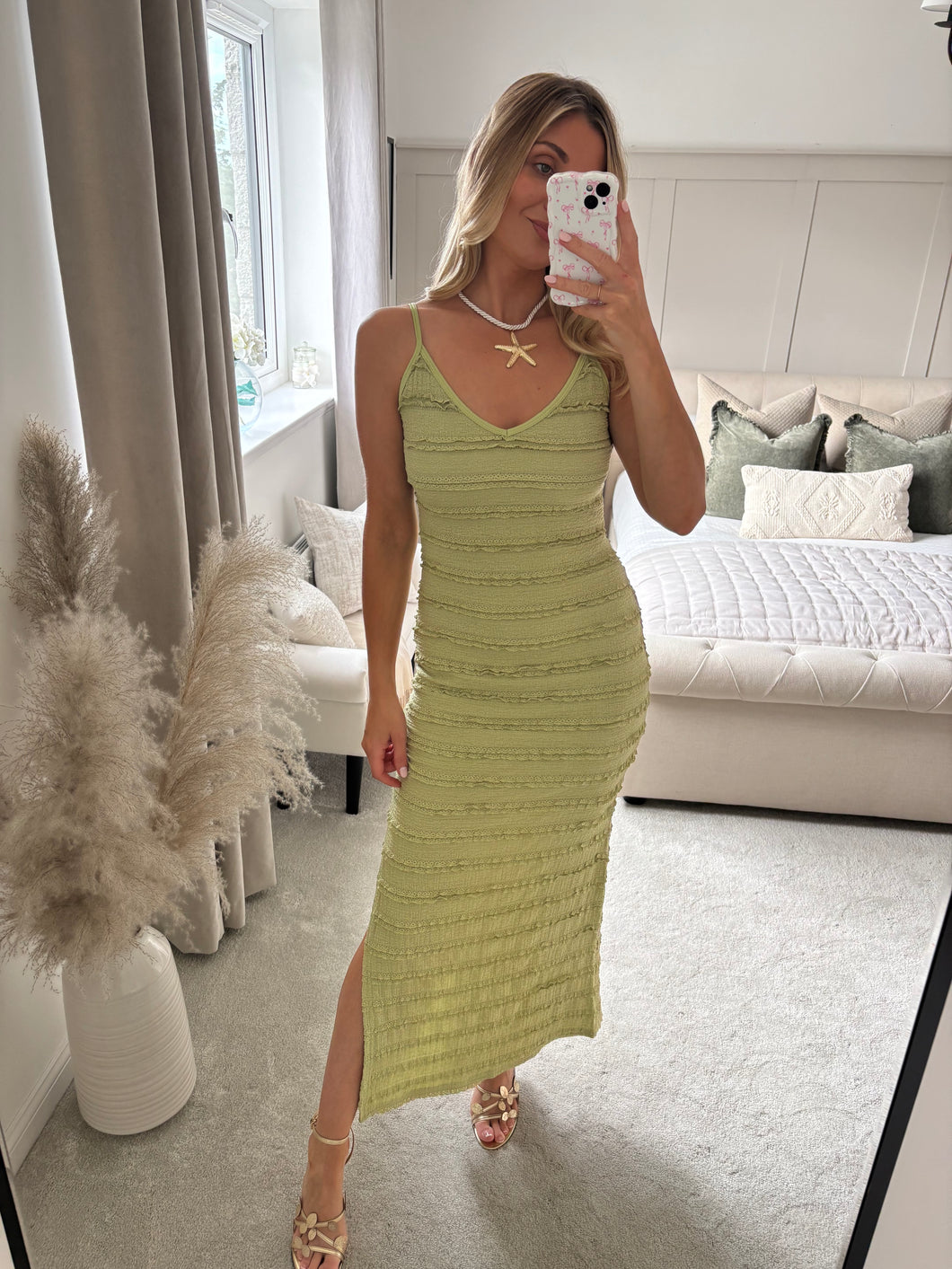 AILSA GREEN STRAPPY CAMI TEXTURED DRESS