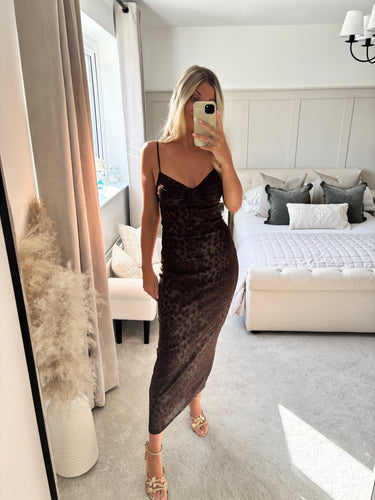 SYBIL BROWN MESH ANIMAL PRINT MIDI DRESS