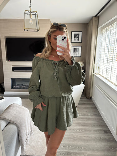 AMARA KHAKI TIE FRONT BARDOT PLAYSUIT