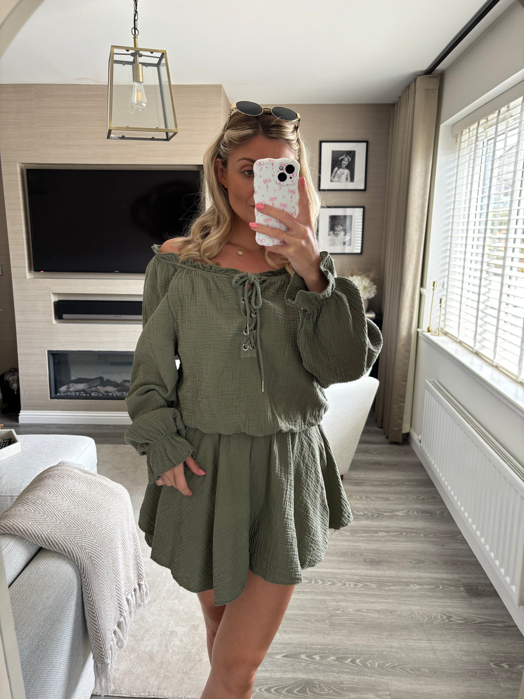 AMARA KHAKI TIE FRONT BARDOT PLAYSUIT