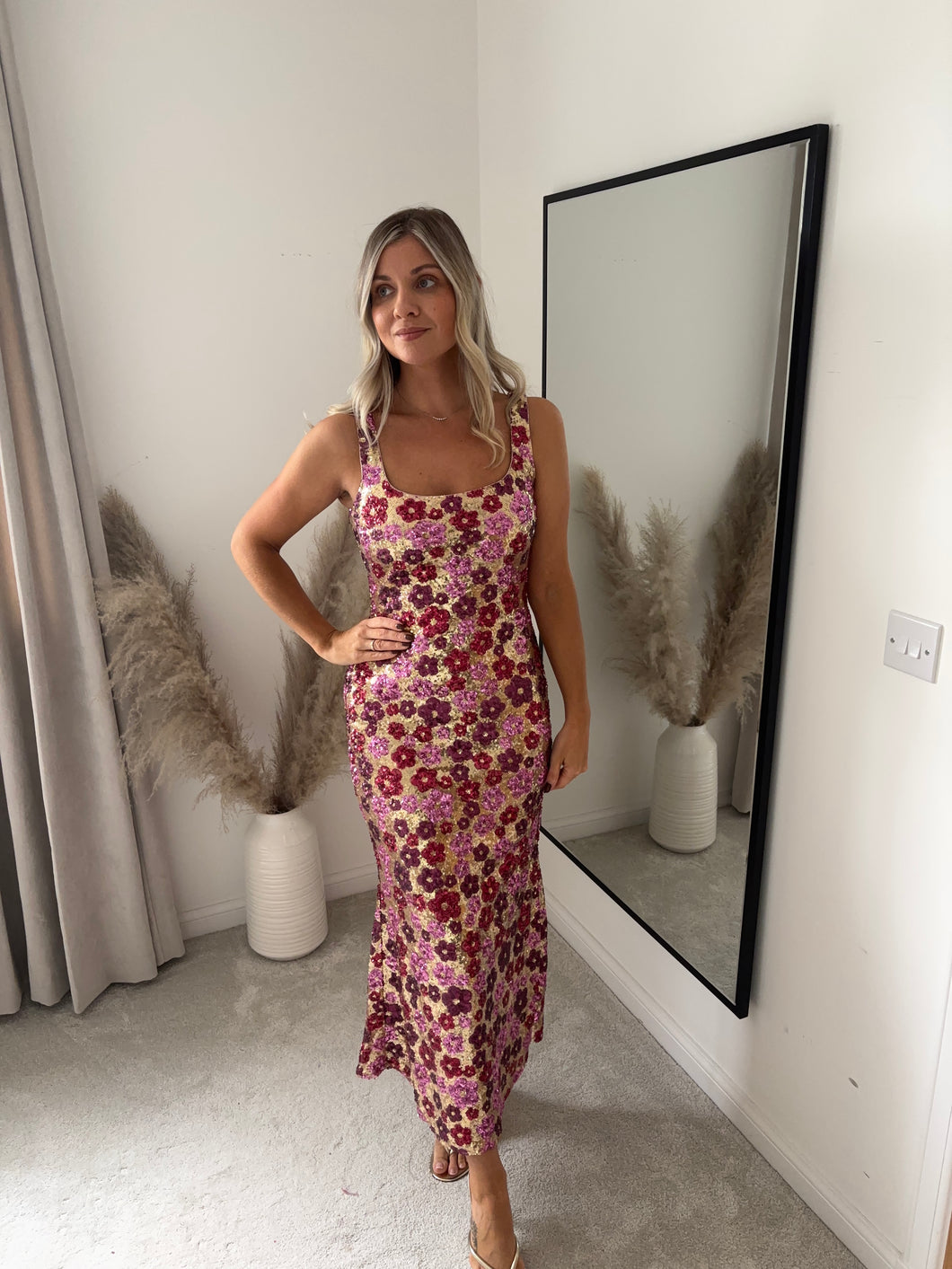 LIANA PINK AND GOLD SEQUIN MIDI DRESS