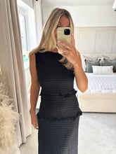 Load image into Gallery viewer, JULES TEXTURED RUFFLE HEM BLACK MIDI DRESS