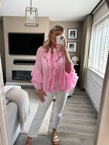 SIERRA PINK RUFFLE FRONT BLOUSE