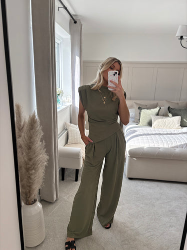 BELLA KHAKI ASYMMETRIC TOP & WIDE LEG TROUSER COORD