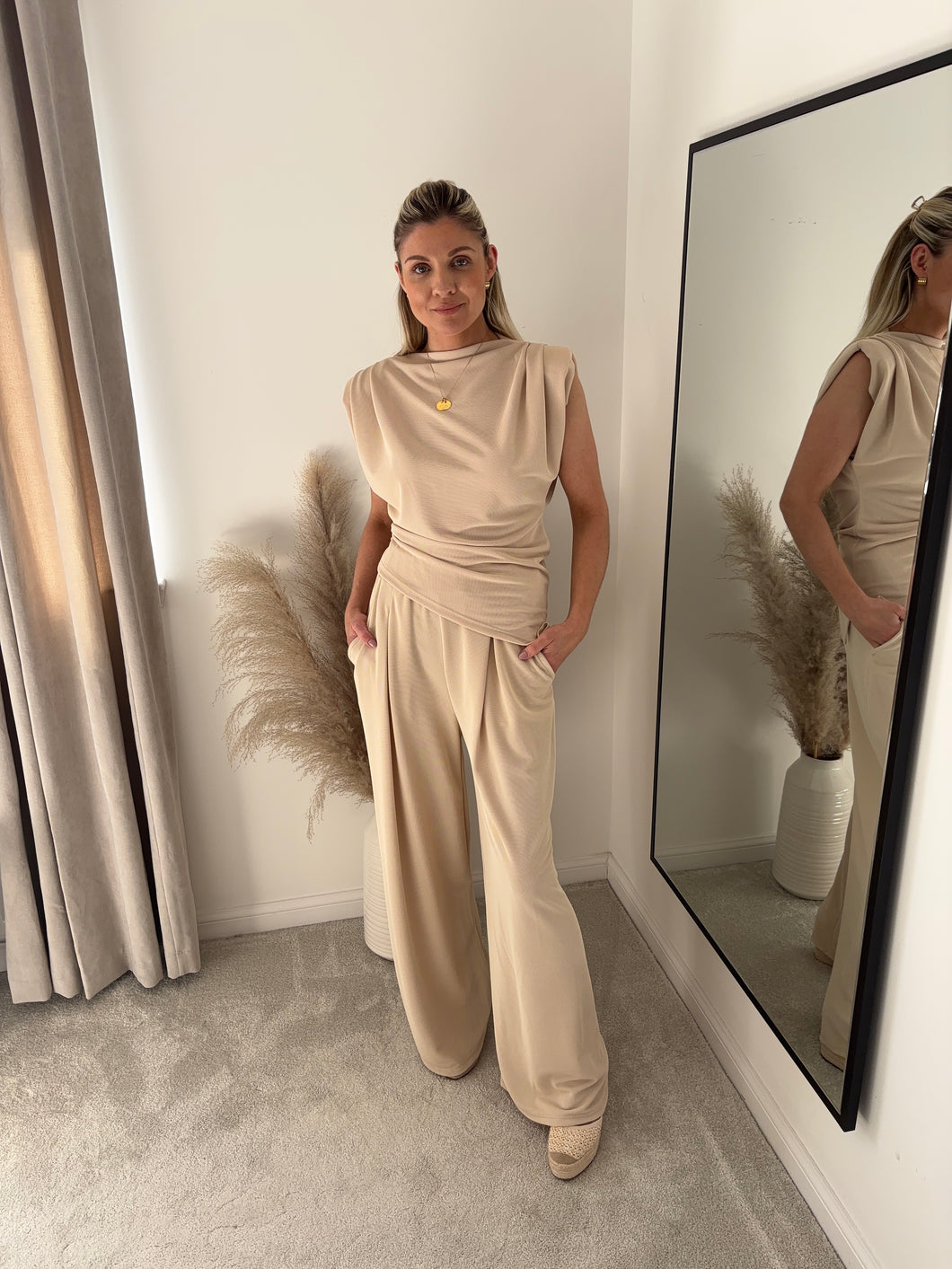 BELLA BEIGE ASYMMETRIC TOP & WIDE LEG TROUSER COORD