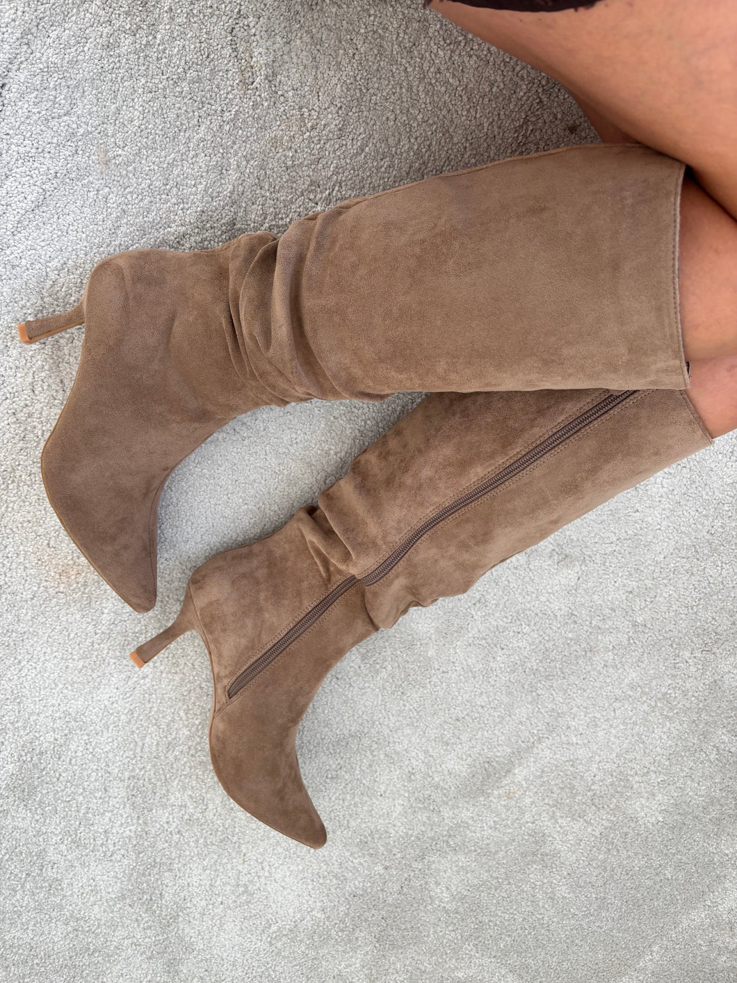 PATRICIA BEIGE STILETTO POINTED KNEE HIGH BOOTS