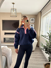 Load image into Gallery viewer, MEL NAVY CONTRAST BINDING ZIP FRONT FLEECE