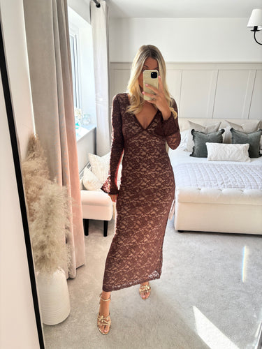 ABBI BROWN FLORAL LACE V NECK MAXI DRESS