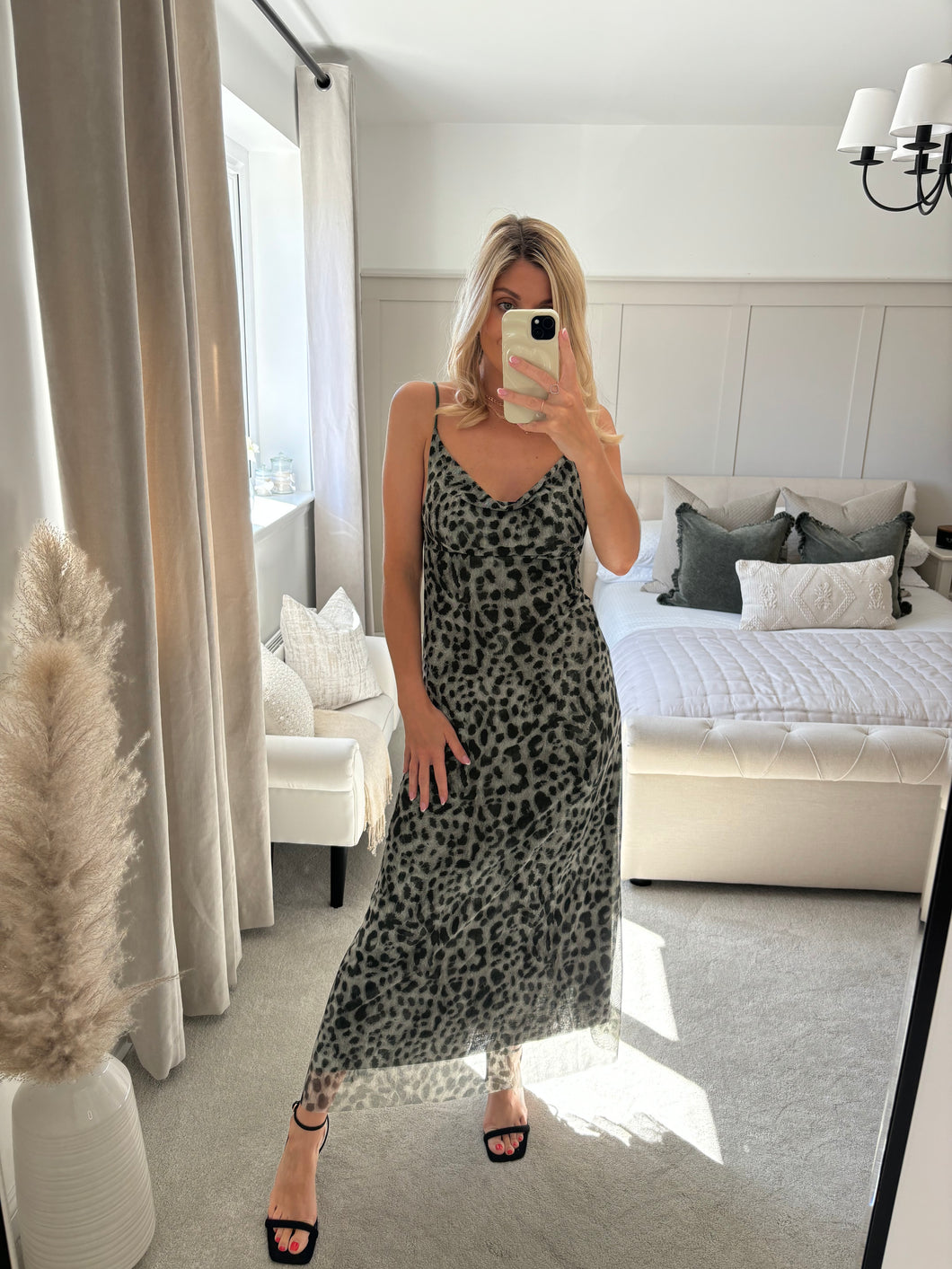 JADE KHAKI LEOPARD PRINT COWL NECK DRESS