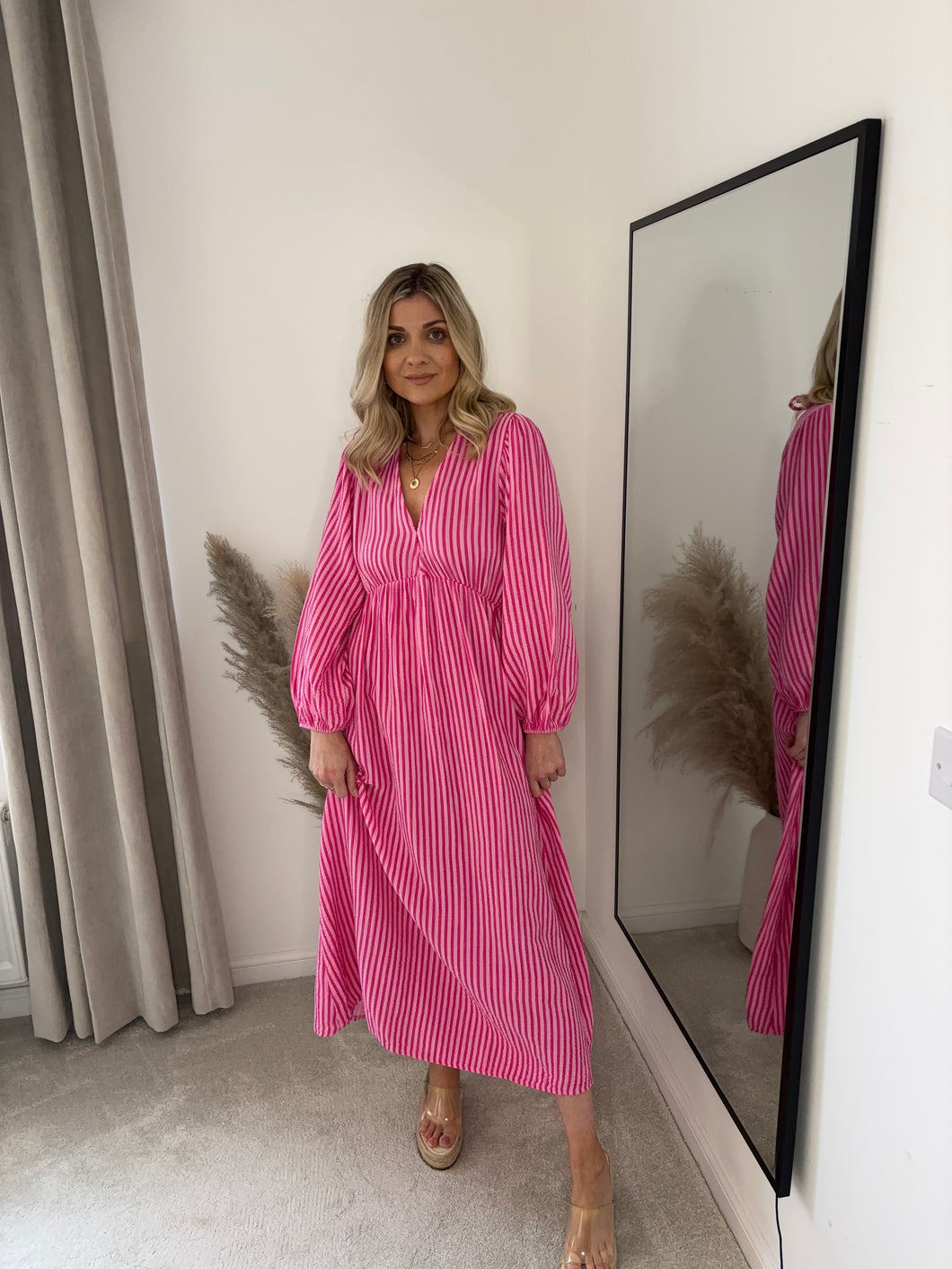 RAE PINK V NECK STRIPE CHEESECLOTH DRESS