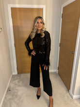 Load image into Gallery viewer, ALANNA BLACK SEQUIN FEATHER TRIM CARDIGAN