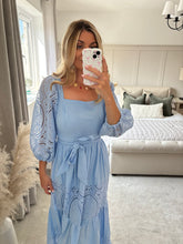 Load image into Gallery viewer, SADIE BLUE GUIPURE LACE TIERED MAXI DRESS