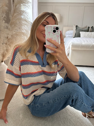 ELLIE BLUE STRIPE KNIT TOP WITH COLLAR