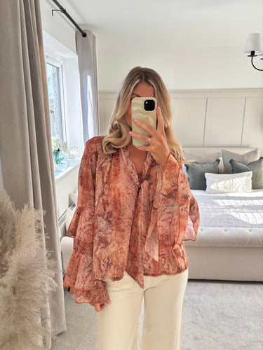 MILLIE SNAKESKIN TIERED SLEEVE SHEER BLOUSE