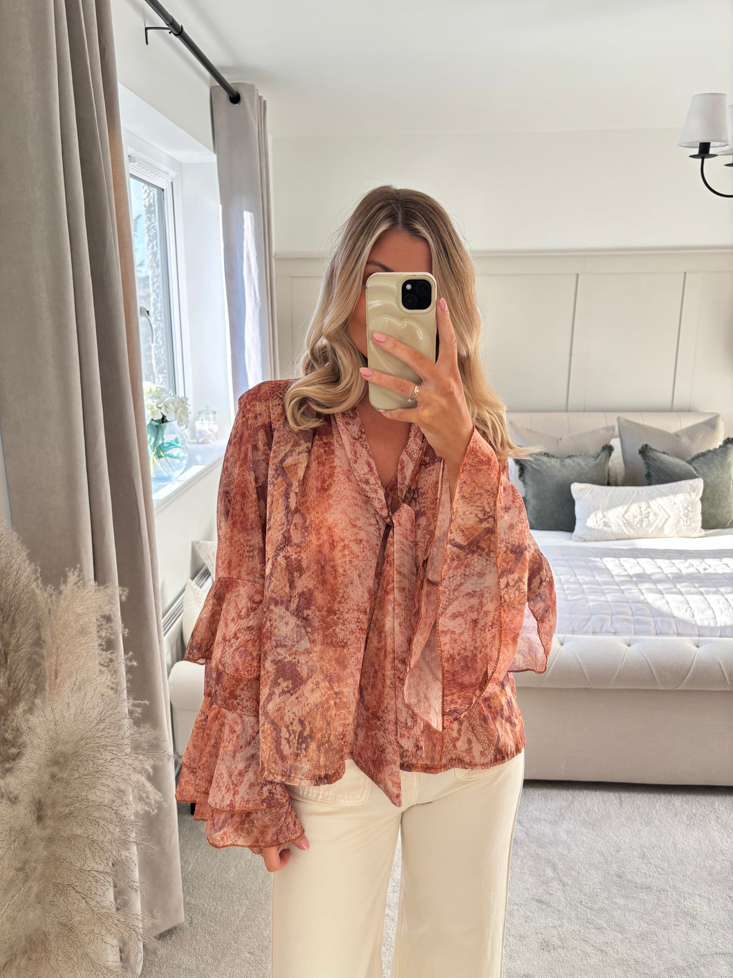 MILLIE SNAKESKIN TIERED SLEEVE SHEER BLOUSE