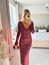Load image into Gallery viewer, ABBI BURGUNDY FLORAL LACE V NECK MAXI DRESS