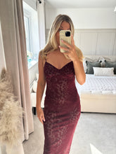 Load image into Gallery viewer, SYBIL BURGUNDY MESH ANIMAL PRINT MIDI DRESS