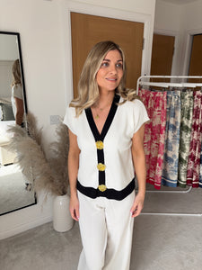 RIA WHITE  GOLD BUTTON DETAIL KNIT LOUNGE SET