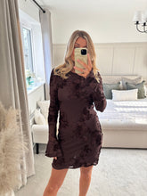 Load image into Gallery viewer, BRIDGET BROWN FLUTED CUFF FLORAL APPLIQUÉ DRESS