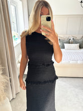 Load image into Gallery viewer, JULES TEXTURED RUFFLE HEM BLACK MIDI DRESS