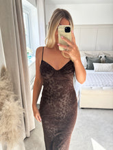 Load image into Gallery viewer, SYBIL BROWN MESH ANIMAL PRINT MIDI DRESS