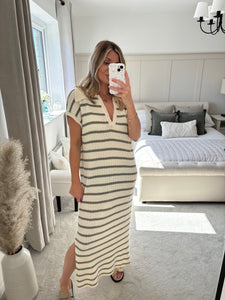 CALLIE KHAKI KNIT STRIPE DRESS