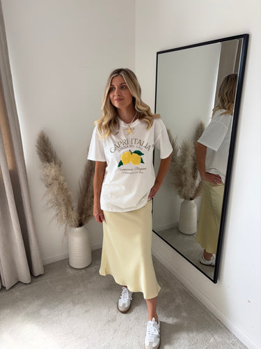 LUCY PALE YELLOW SATIN MIDI SKIRT