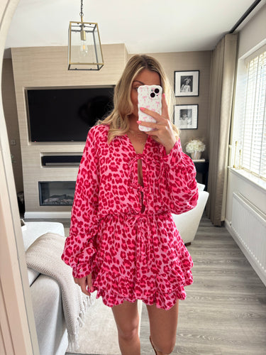 CORINNE RED LEOPARD TIE PLAYSUIT