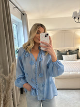 Load image into Gallery viewer, FIFI BLUE FLORAL SHEER BLOUSE