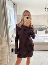 Load image into Gallery viewer, BRIDGET BROWN FLUTED CUFF FLORAL APPLIQUÉ DRESS