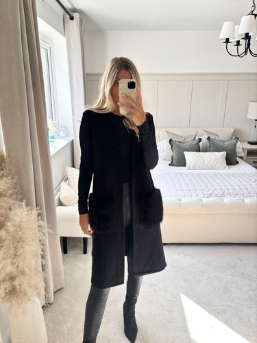 FAYE BLACK KNIT WAISTCOAT WITH FUR POCKETS