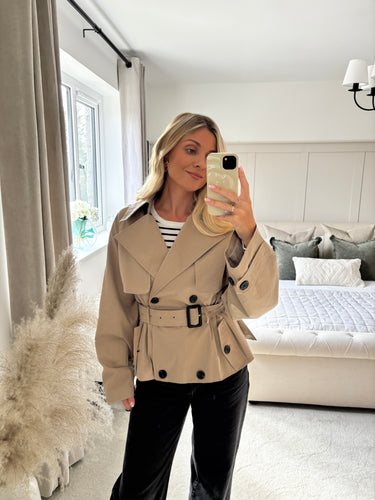 CIARA DOUBLE BREASTED SHORT BELTED TRENCH COAT