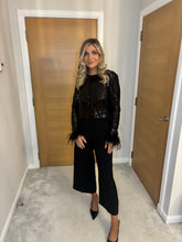 Load image into Gallery viewer, ALANNA BLACK SEQUIN FEATHER TRIM CARDIGAN