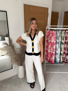 RIA WHITE  GOLD BUTTON DETAIL KNIT LOUNGE SET