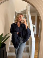 Load image into Gallery viewer, ELLE NAVY BOHO STYLE CROPPED LACE FLARE SLEEVE BLOUSE