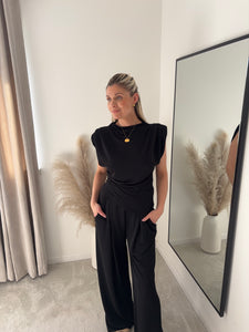 BELLA BLACK ASYMMETRIC TOP & WIDE LEG TROUSER COORD