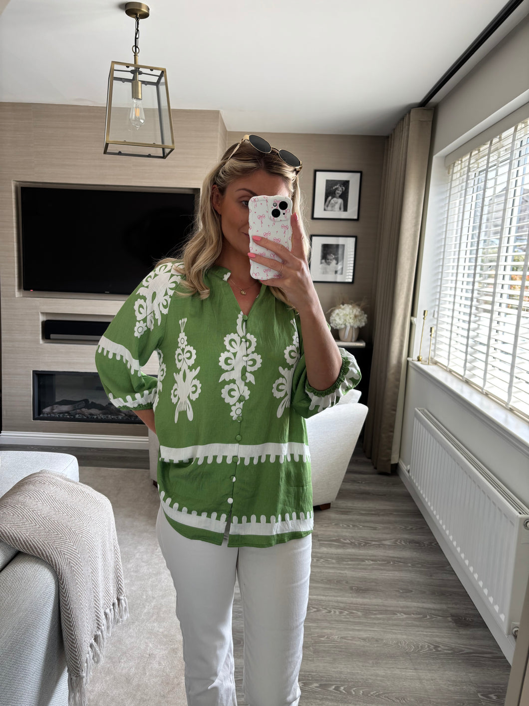 LILY GREEN PRINTED BUTTON FRONT BLOUSE