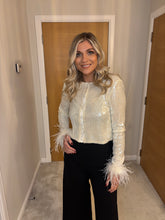 Load image into Gallery viewer, ALANNA CREAM SEQUIN FEATHER TRIM CARDIGAN