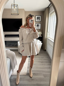 AMARA BEIGE TIE FRONT BARDOT PLAYSUIT