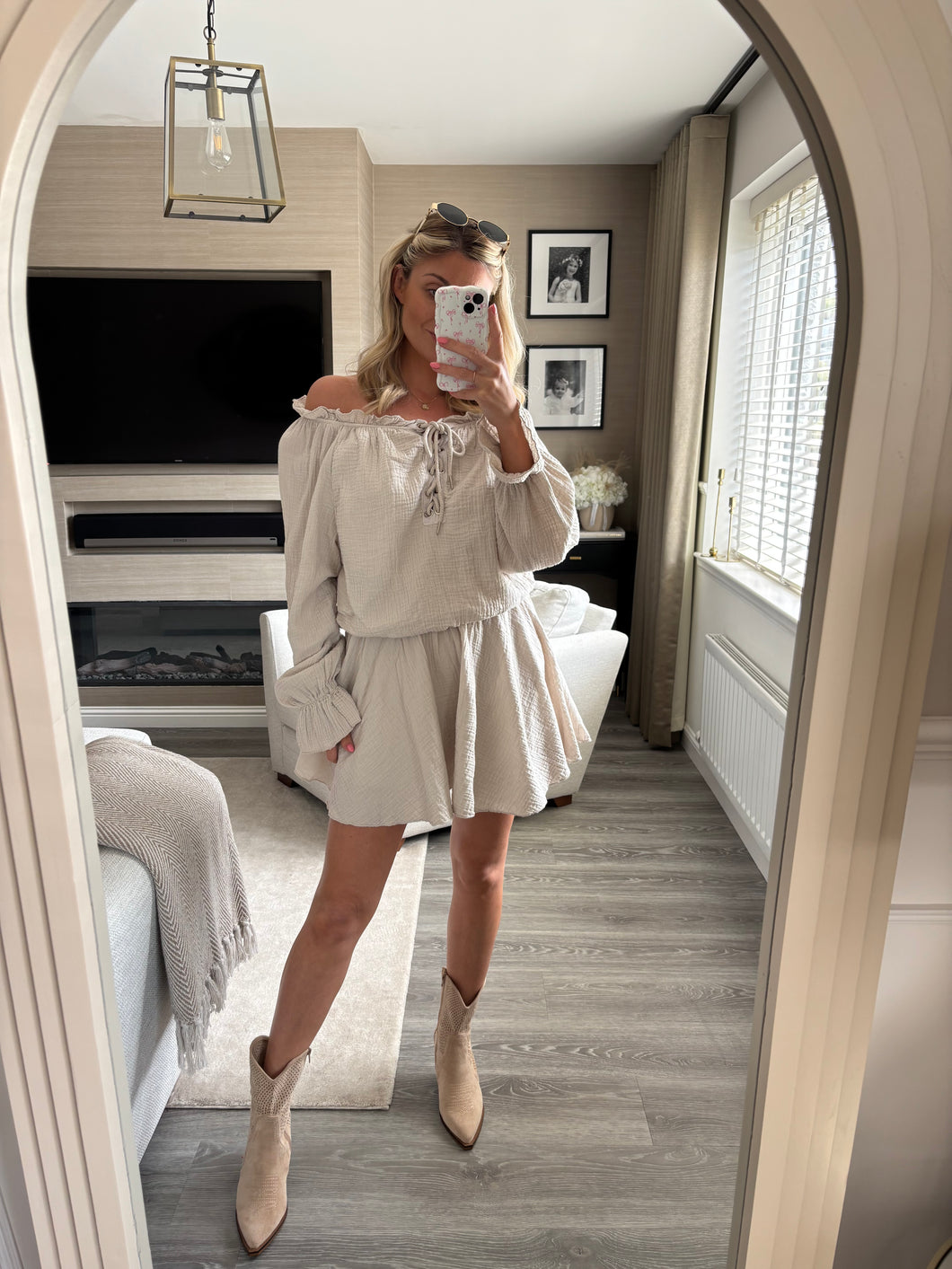 AMARA BEIGE TIE FRONT BARDOT PLAYSUIT