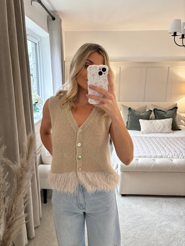 CIARA BEIGE FEATHER TRIM WAISTCOAT